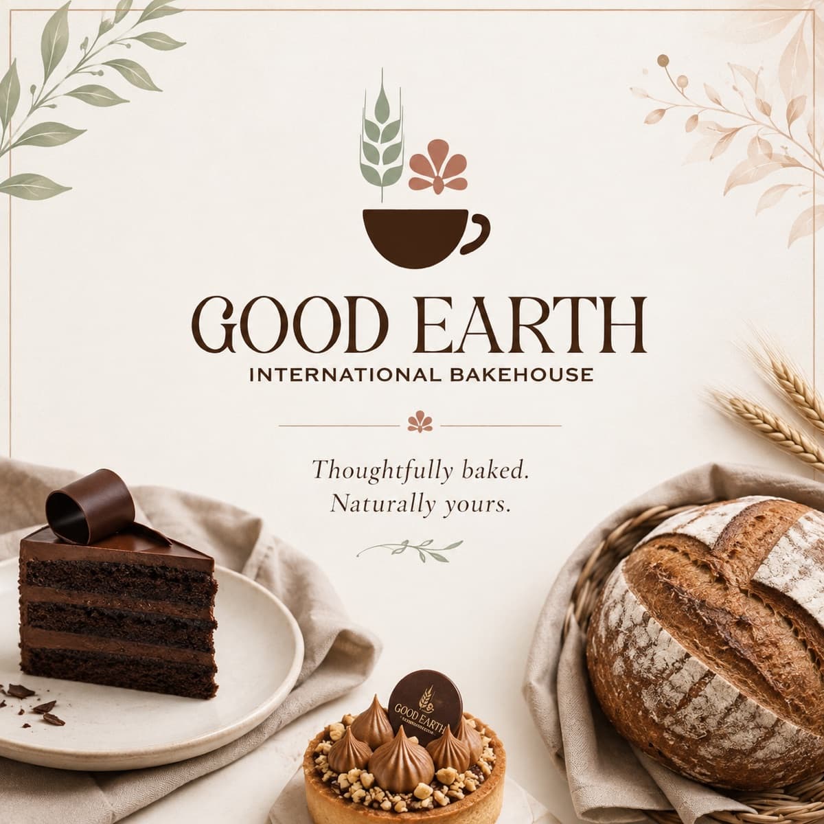 Good Earth campaign artwork: the logo above a chocolate cake slice, hazelnut tart and a sourdough loaf, captioned Thoughtfully baked. Naturally yours.
