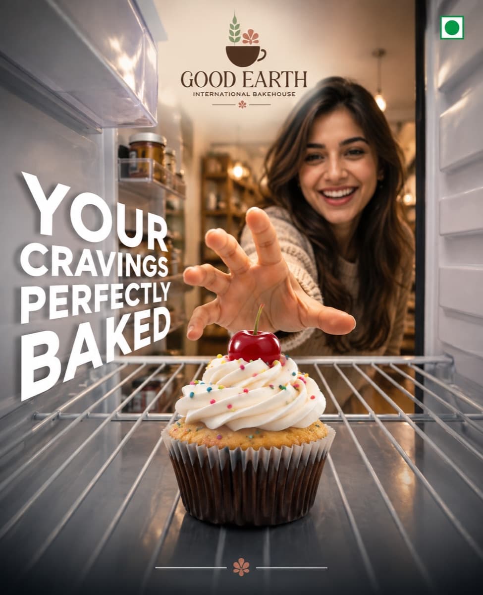 Good Earth campaign artwork: reaching into a fridge for a cherry-topped cupcake, captioned Your cravings perfectly baked